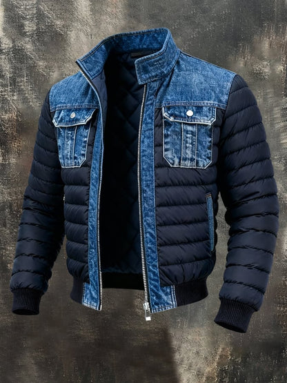 Heren Gewatteerde Jas met Denim Accenten en Ritssluiting Marineblauw