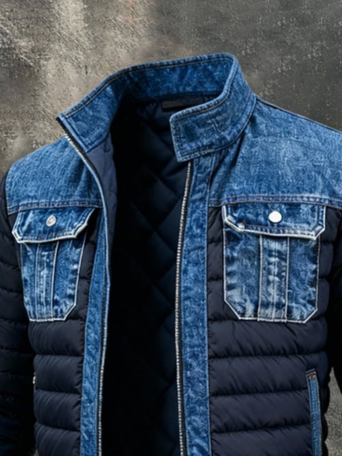 Heren Gewatteerde Jas met Denim Accenten en Ritssluiting