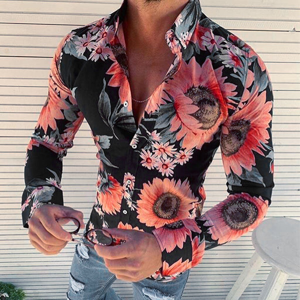 Heren Hawaiihemd met Bloemenprint en Lange Mouwen Zwart