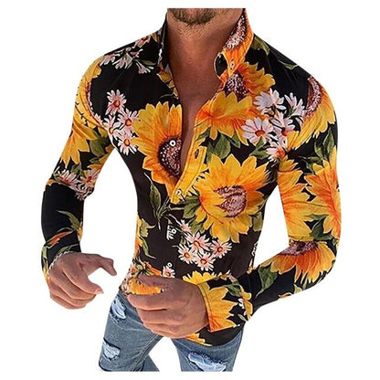 Heren Hawaiihemd met Bloemenprint en Lange Mouwen Geel
