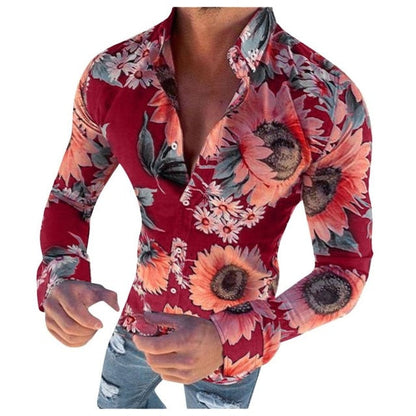 Heren Hawaiihemd met Bloemenprint en Lange Mouwen Rood