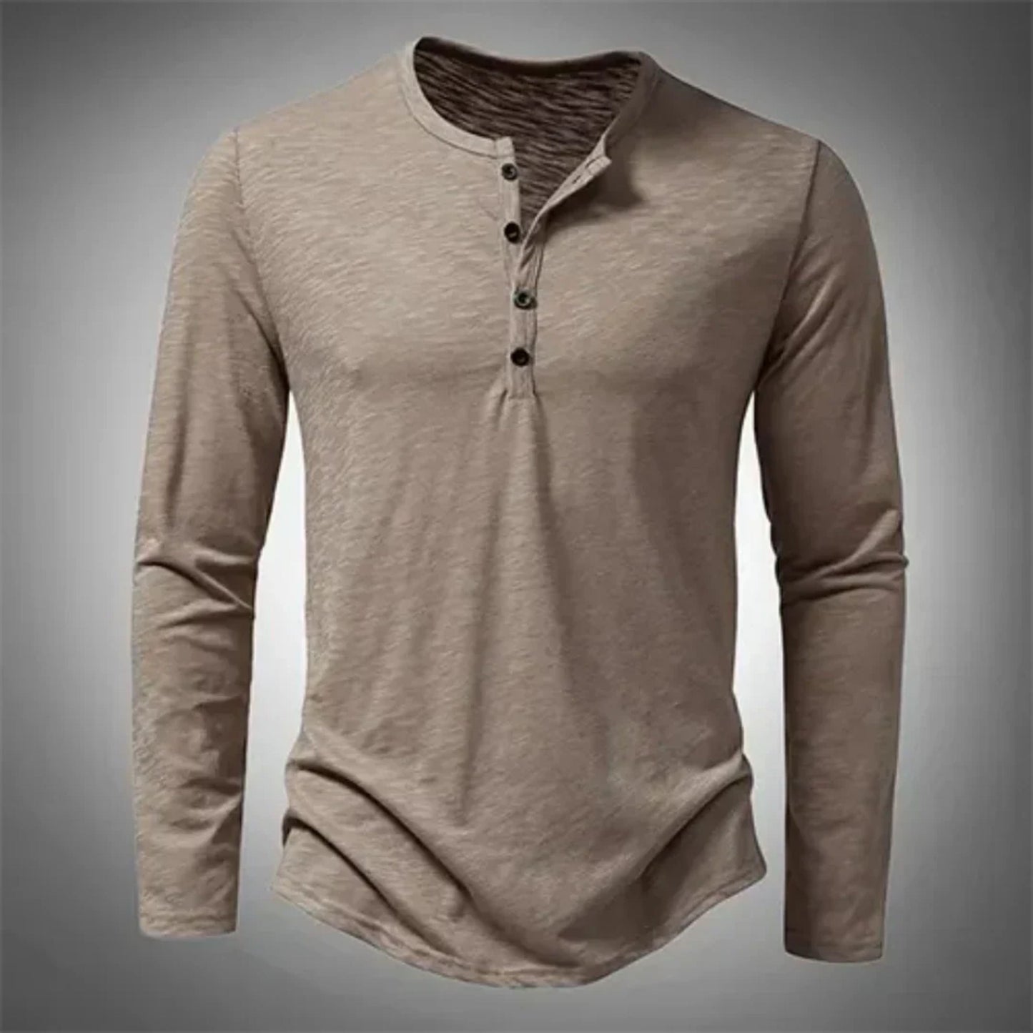 Heren Henley Shirt met Lange Mouw en Knoopsluiting Beige