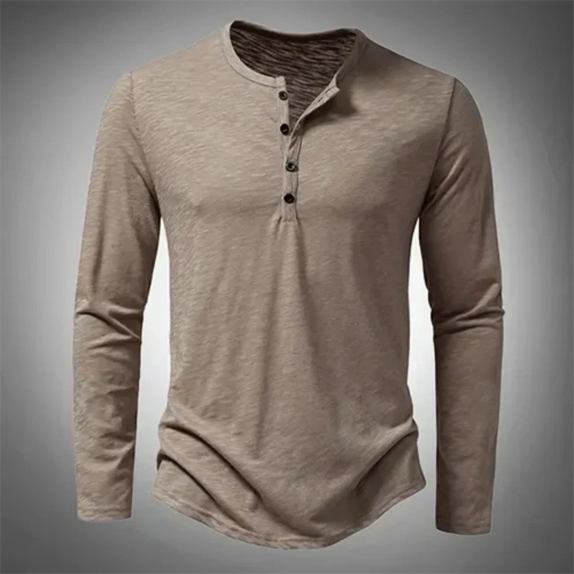 Heren Henley Shirt met Lange Mouw en Knoopsluiting Beige