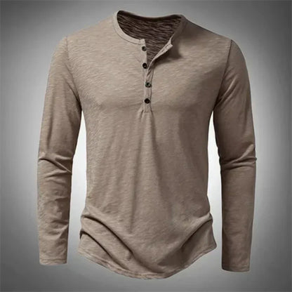 Heren Henley Shirt met Lange Mouw en Knoopsluiting Beige