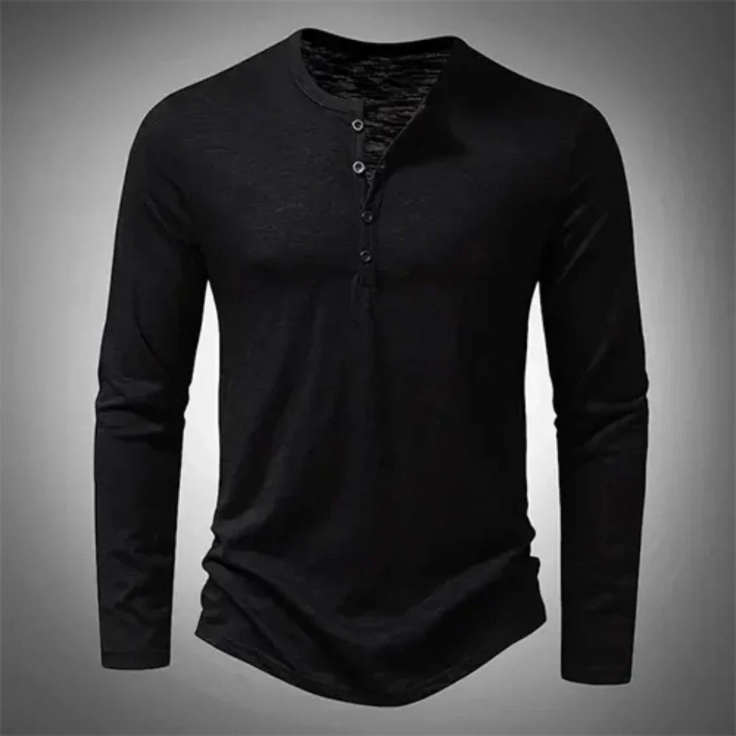 Heren Henley Shirt met Lange Mouw en Knoopsluiting Zwart