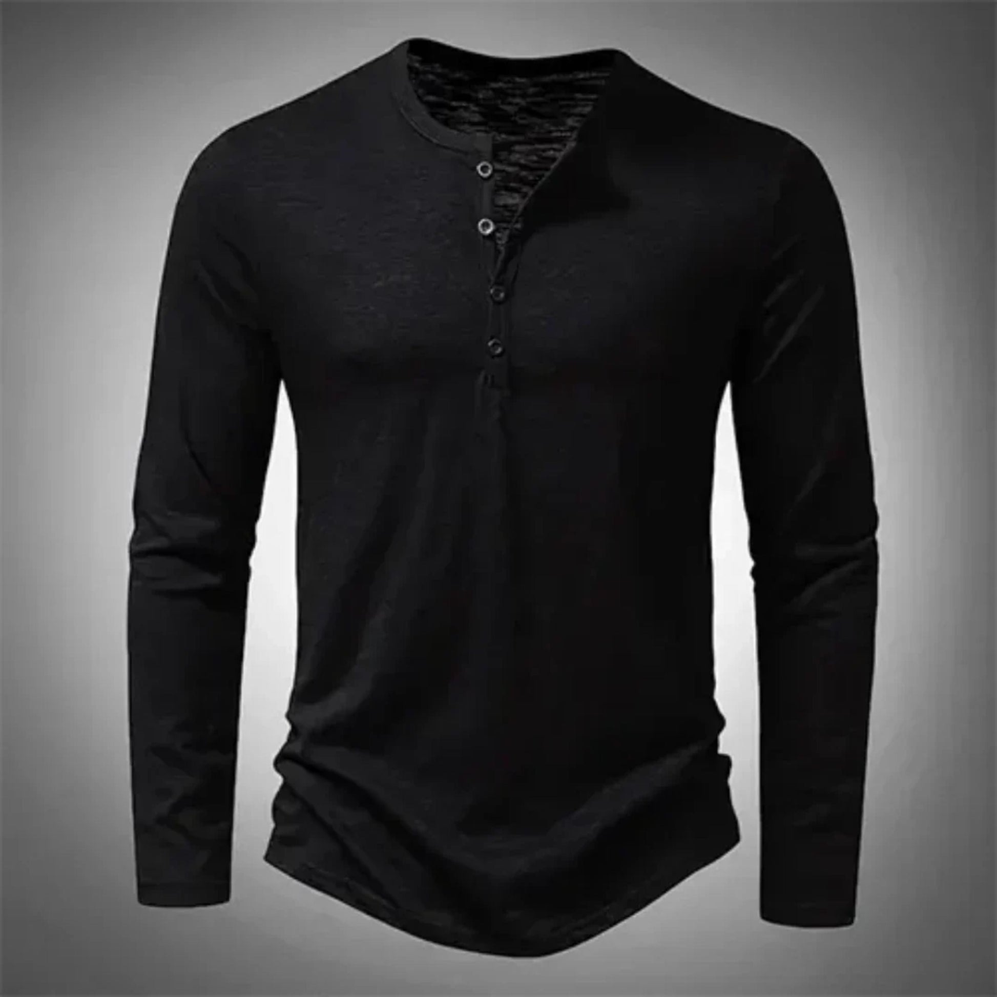 Heren Henley Shirt met Lange Mouw en Knoopsluiting Zwart