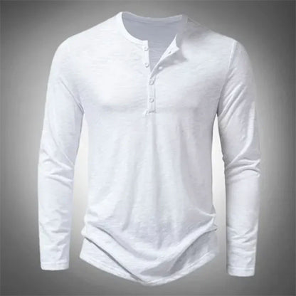 Heren Henley Shirt met Lange Mouw en Knoopsluiting Wit