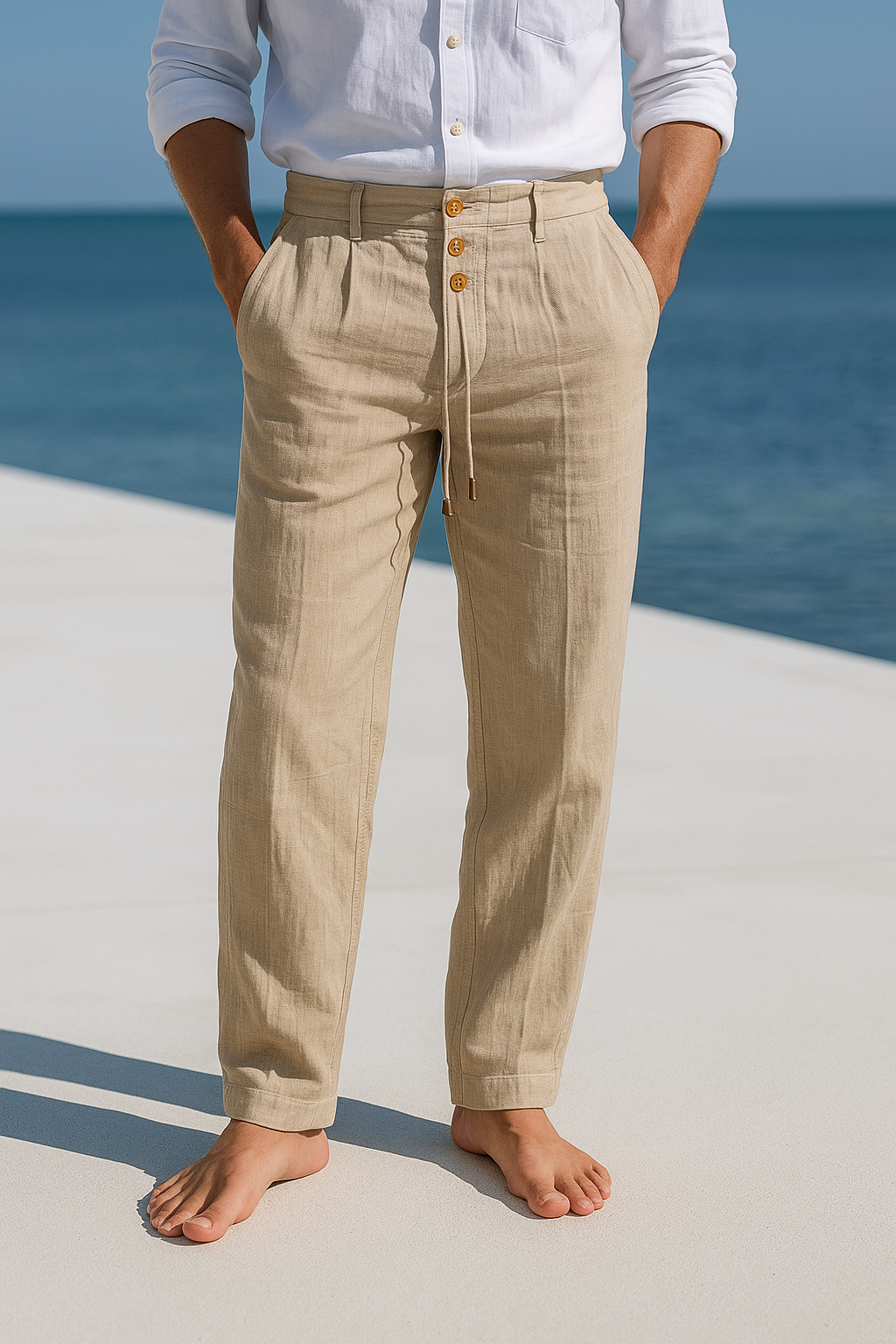 Heren Lange Broek met Knoopsluiting en Trekkoord Tailleband Khaki