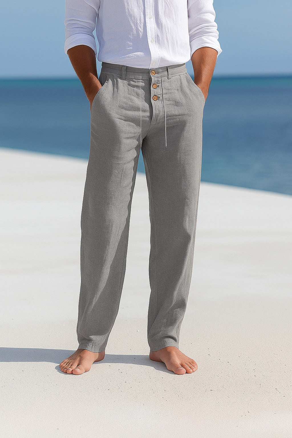 Heren Lange Broek met Knoopsluiting en Trekkoord Tailleband Grijs