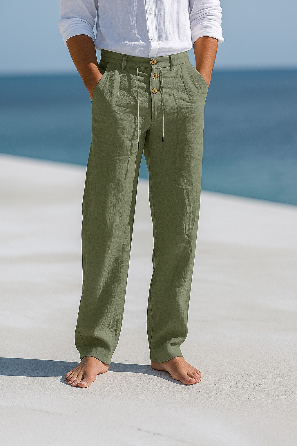 Heren Lange Broek met Knoopsluiting en Trekkoord Tailleband Legergroen