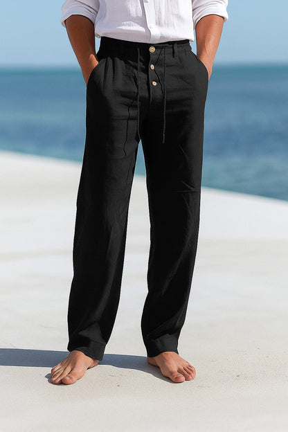 Heren Lange Broek met Knoopsluiting en Trekkoord Tailleband Zwart
