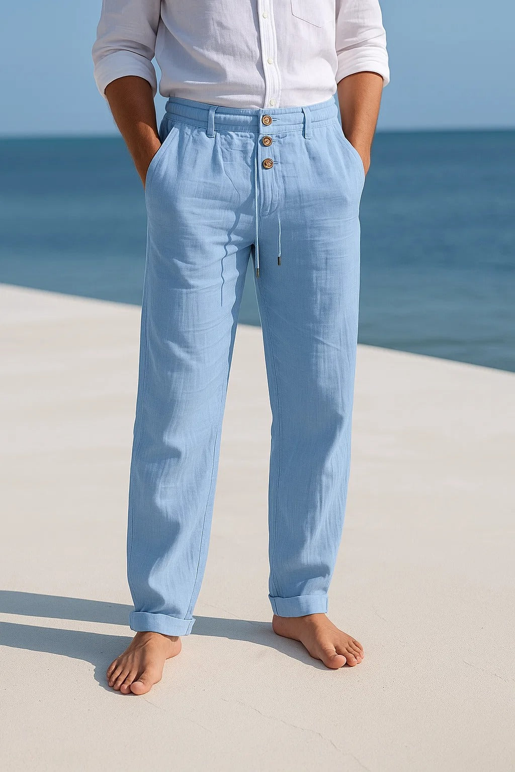 Heren Lange Broek met Knoopsluiting en Trekkoord Tailleband Lichtblauw