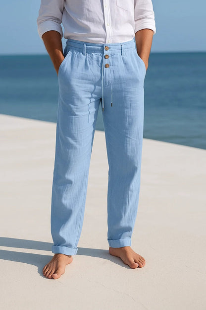 Heren Lange Broek met Knoopsluiting en Trekkoord Tailleband Lichtblauw