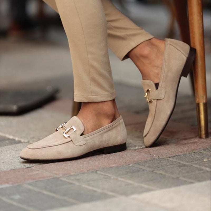 Heren Loafers met Gouden Horsebit Detail en Instapmodel Beige