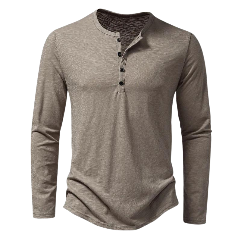 Heren Longsleeve T-shirt met Henley Kraag en Knoopsluiting Kaki