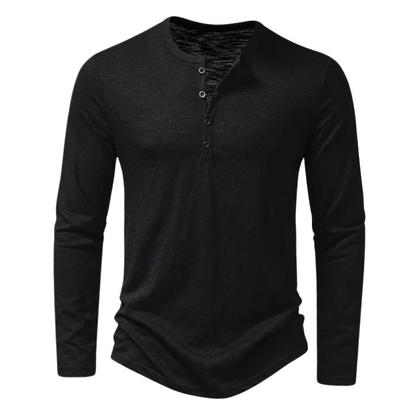 Heren Longsleeve T-shirt met Henley Kraag en Knoopsluiting Zwart
