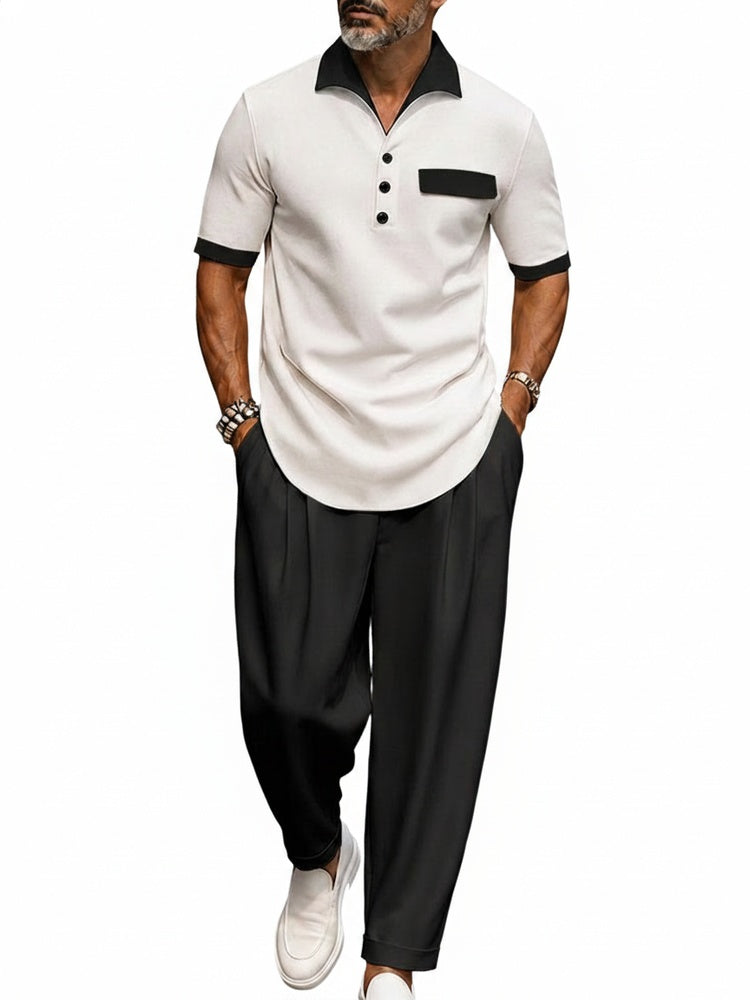 Heren Matching Set Korte Mouw met Contrasterende Kraag en Broek