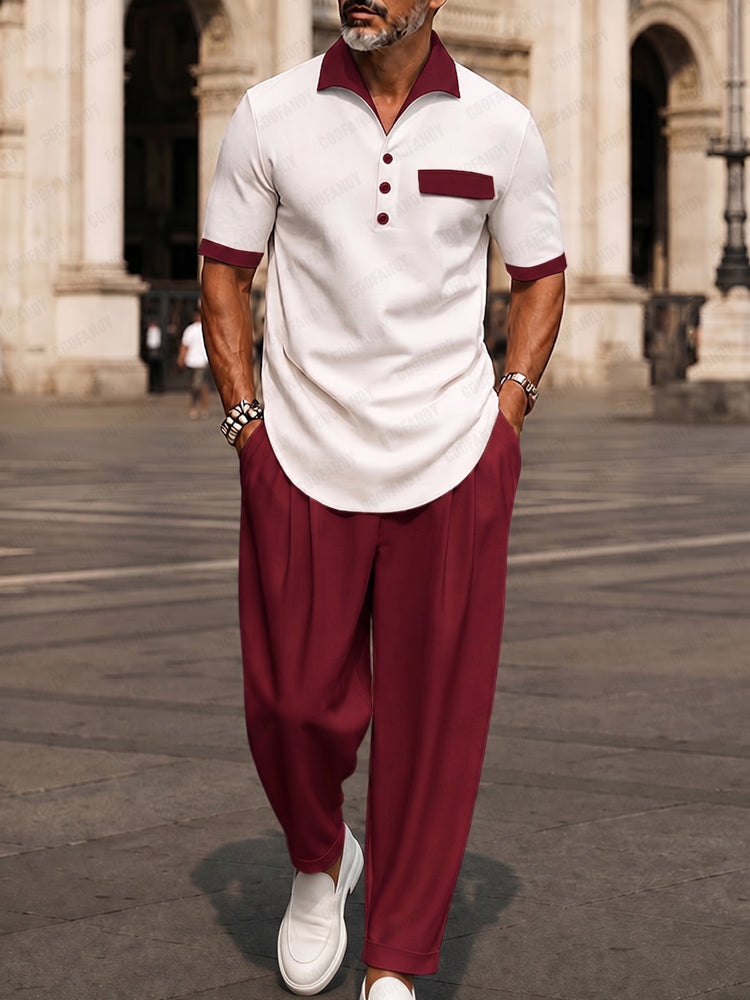Heren Matching Set Korte Mouw met Contrasterende Kraag en Broek Zwart Rood
