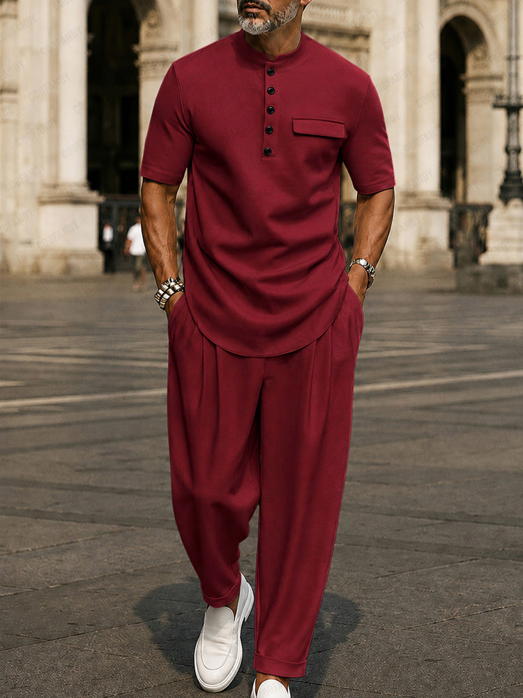 Heren Matching Set Korte Mouw met Contrasterende Kraag en Broek Bordeaux