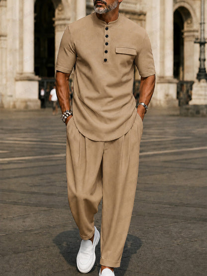 Heren Matching Set Korte Mouw met Staande Kraag en Knoopsluiting Khaki