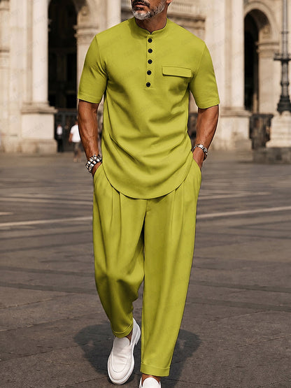 Heren Matching Set Korte Mouw met Staande Kraag en Knoopsluiting Groen