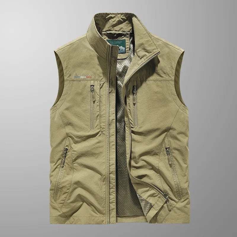 Heren Outdoor Vest met Opstaande Kraag en Meerdere Ritszakken Khaki