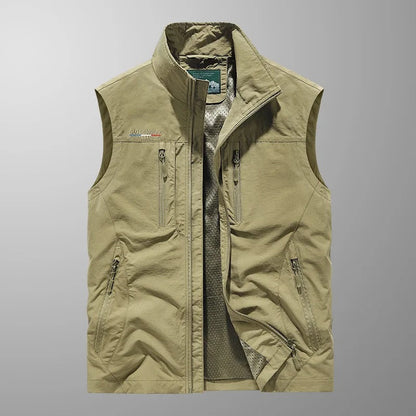 Heren Outdoor Vest met Opstaande Kraag en Meerdere Ritszakken Khaki