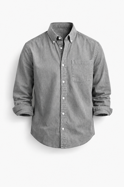 Heren Overhemd Lange Mouw met Button-down Kraag en Borstzak Grijs