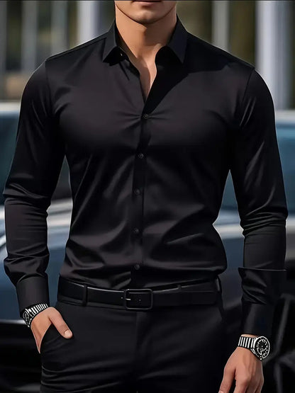 Heren Overhemd Lange Mouw met Klassieke Kraag en Slim Fit Zwart