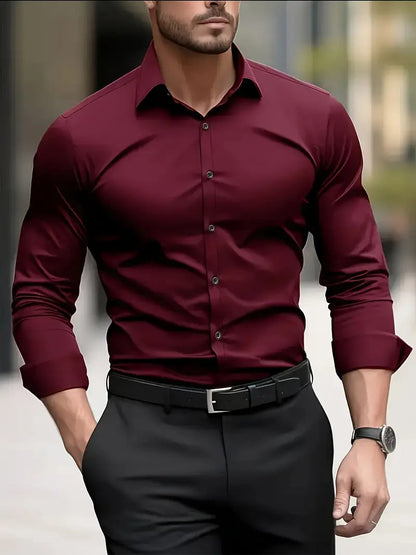 Heren Overhemd Lange Mouw met Klassieke Kraag en Slim Fit Bordeaux