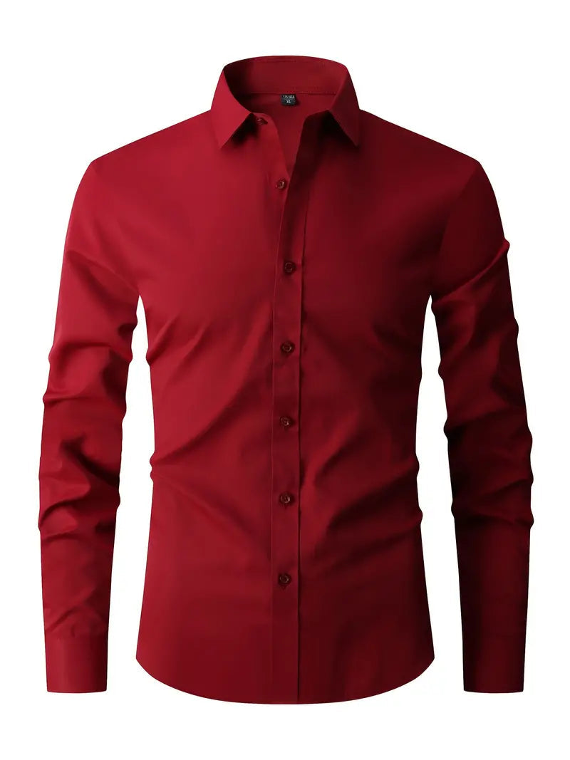 Heren Overhemd Lange Mouw met Klassieke Kraag en Slim Fit Rood