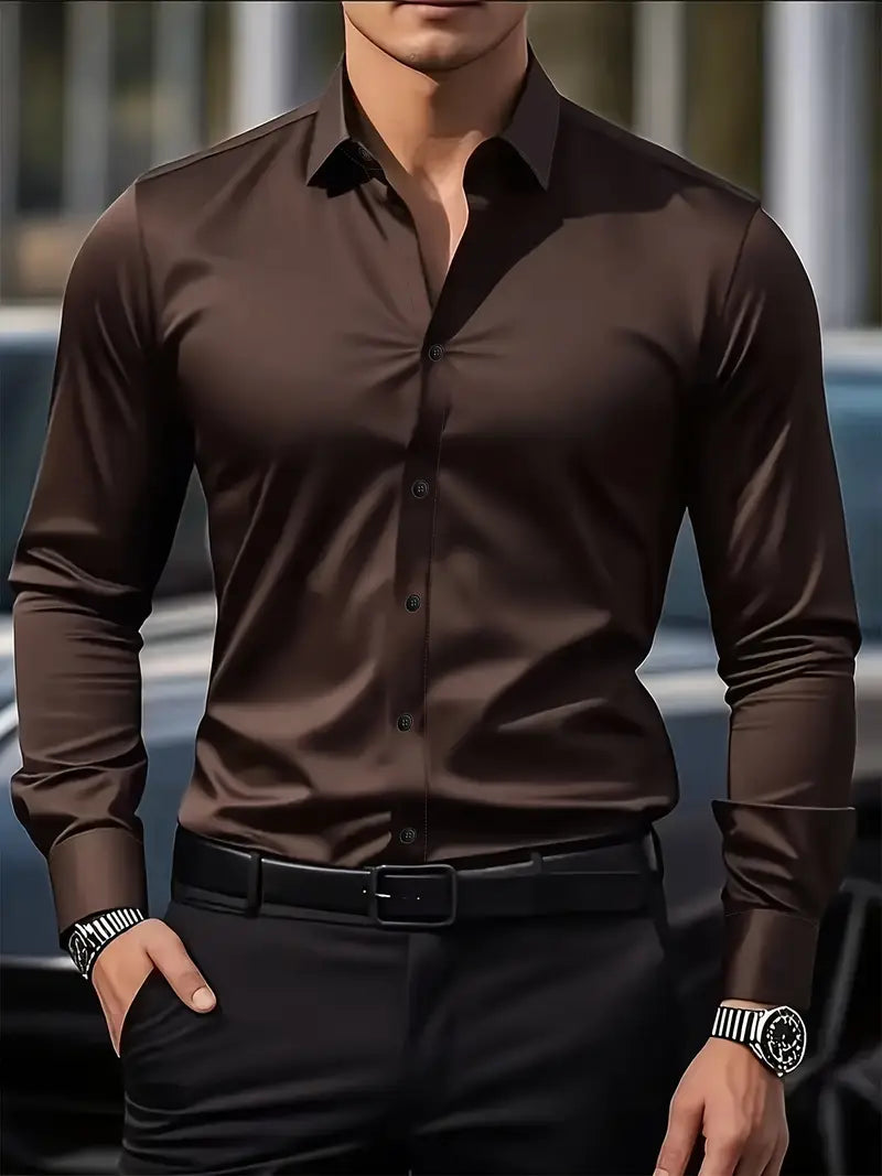 Heren Overhemd Lange Mouw met Klassieke Kraag en Slim Fit Bruin