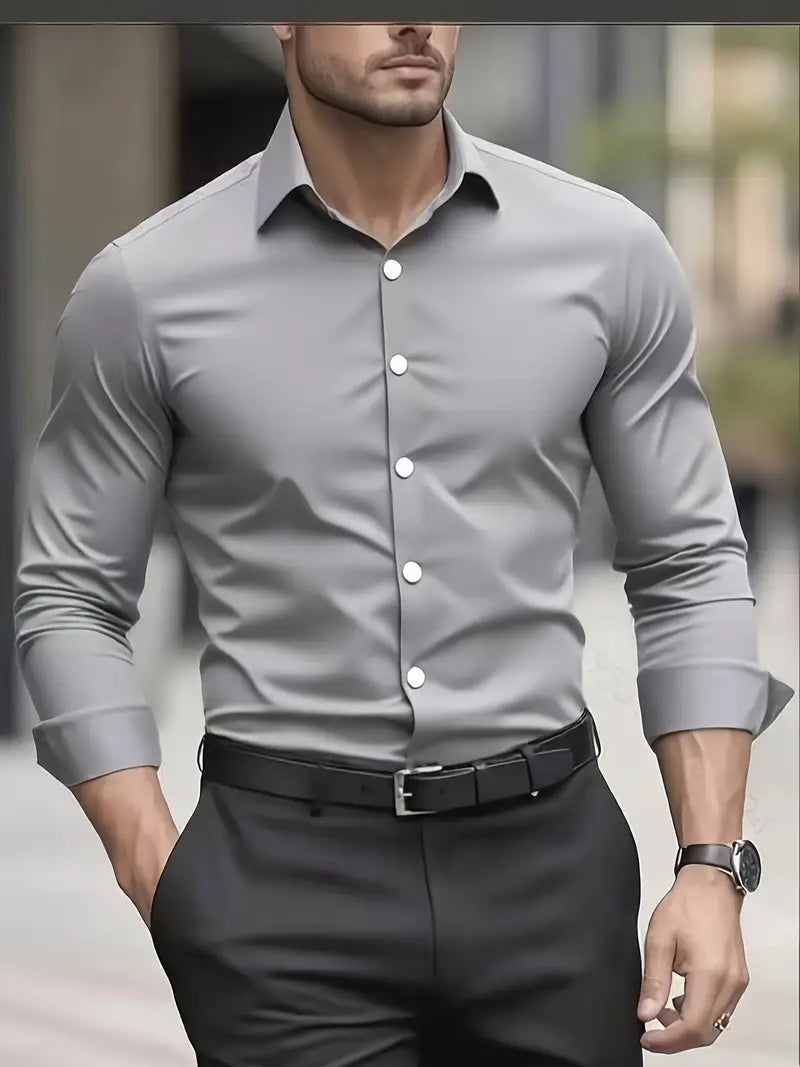 Heren Overhemd Lange Mouw met Klassieke Kraag en Slim Fit Grijs