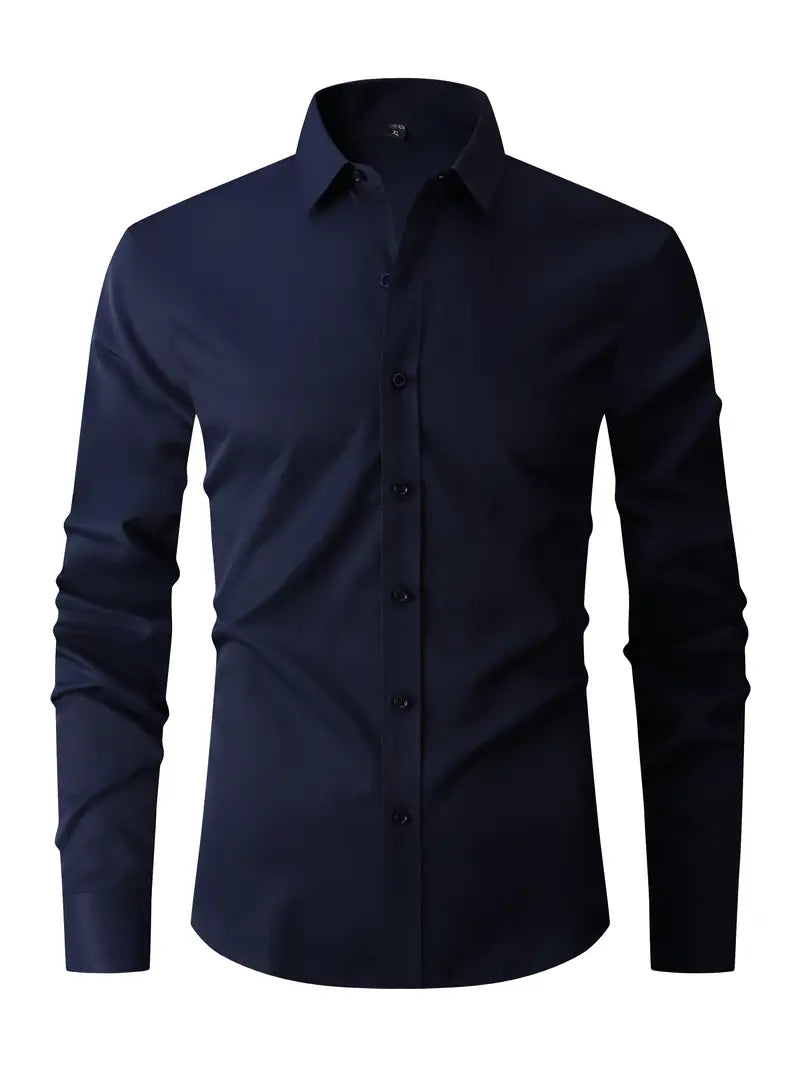 Heren Overhemd Lange Mouw met Klassieke Kraag en Slim Fit Marineblauw