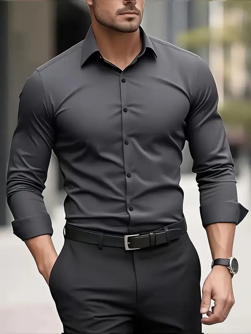 Heren Overhemd Lange Mouw met Klassieke Kraag en Slim Fit Donkergrijs