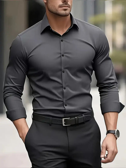 Heren Overhemd Lange Mouw met Klassieke Kraag en Slim Fit Donkergrijs