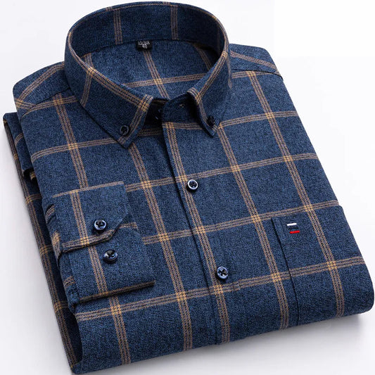 Heren Overhemd Lange Mouw met Ruitpatroon en Button-down Kraag Marine Blauw