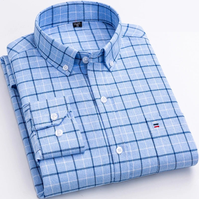 Heren Overhemd Lange Mouw met Ruitpatroon en Button-down Kraag Licht Blauw