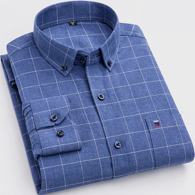 Heren Overhemd Lange Mouw met Ruitpatroon en Button-down Kraag Blauw