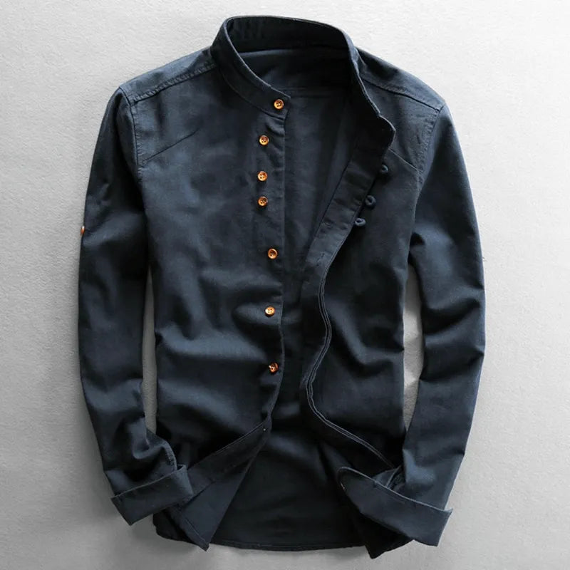 Heren Overhemd Lange Mouw met Staande Kraag en Knoopsluiting Navy