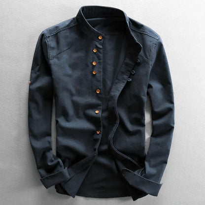 Heren Overhemd Lange Mouw met Staande Kraag en Knoopsluiting Navy