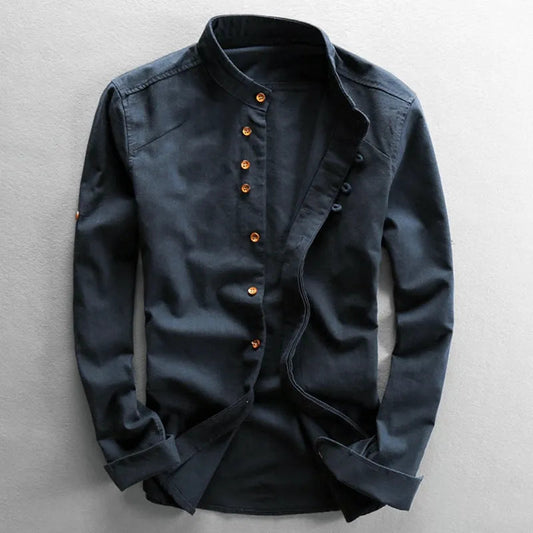 Heren Overhemd Lange Mouw met Staande Kraag en Knoopsluiting Navy