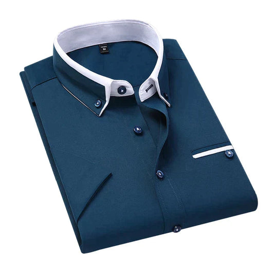 Heren Overhemd met Korte Mouwen en Dubbele Kraag Blauw