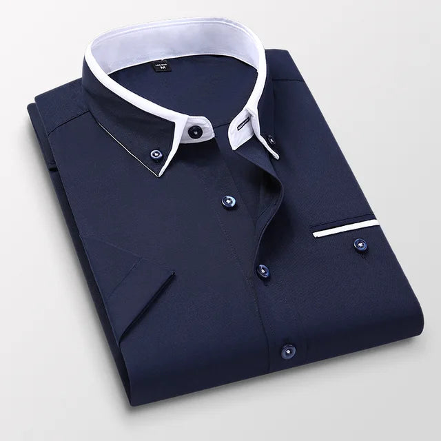 Heren Overhemd met Korte Mouwen en Dubbele Kraag Donkerblauw