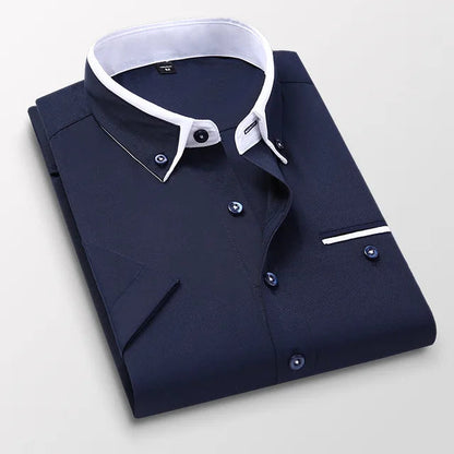 Heren Overhemd met Korte Mouwen en Dubbele Kraag Donkerblauw