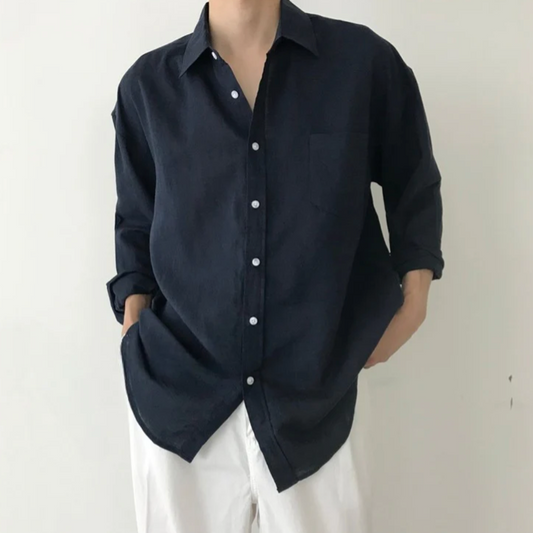 Heren Oversized Shirt met Lange Mouwen en Borstzakje Marineblauw