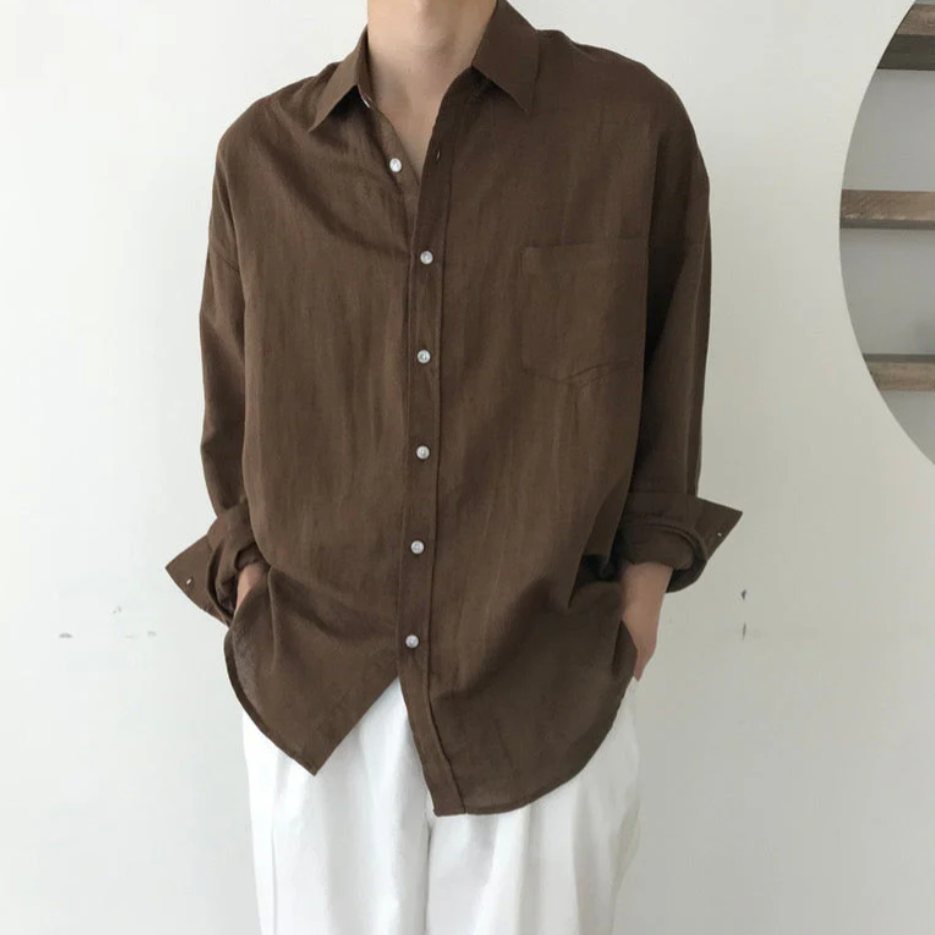 Heren Oversized Shirt met Lange Mouwen en Borstzakje Bruin