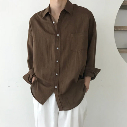 Heren Oversized Shirt met Lange Mouwen en Borstzakje Bruin