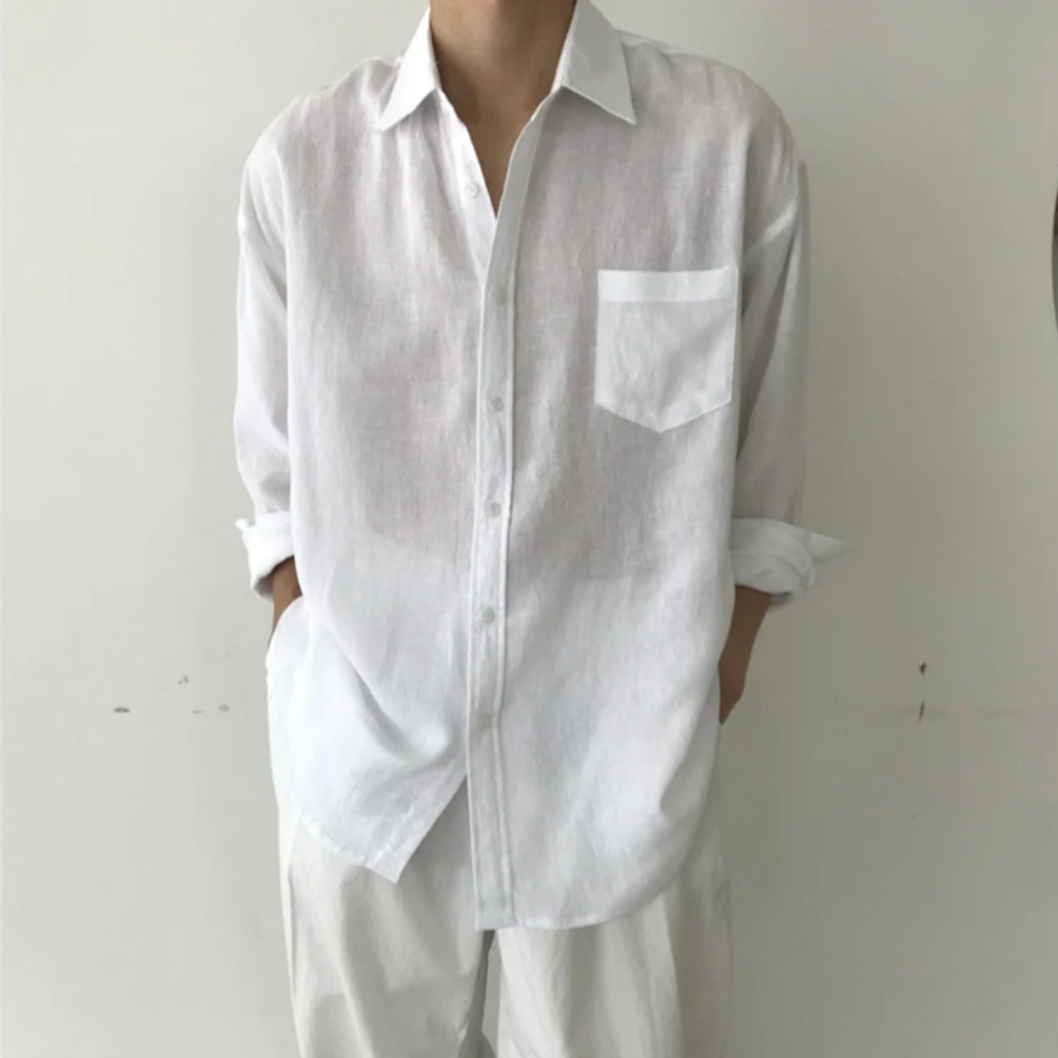 Heren Oversized Shirt met Lange Mouwen en Borstzakje Wit