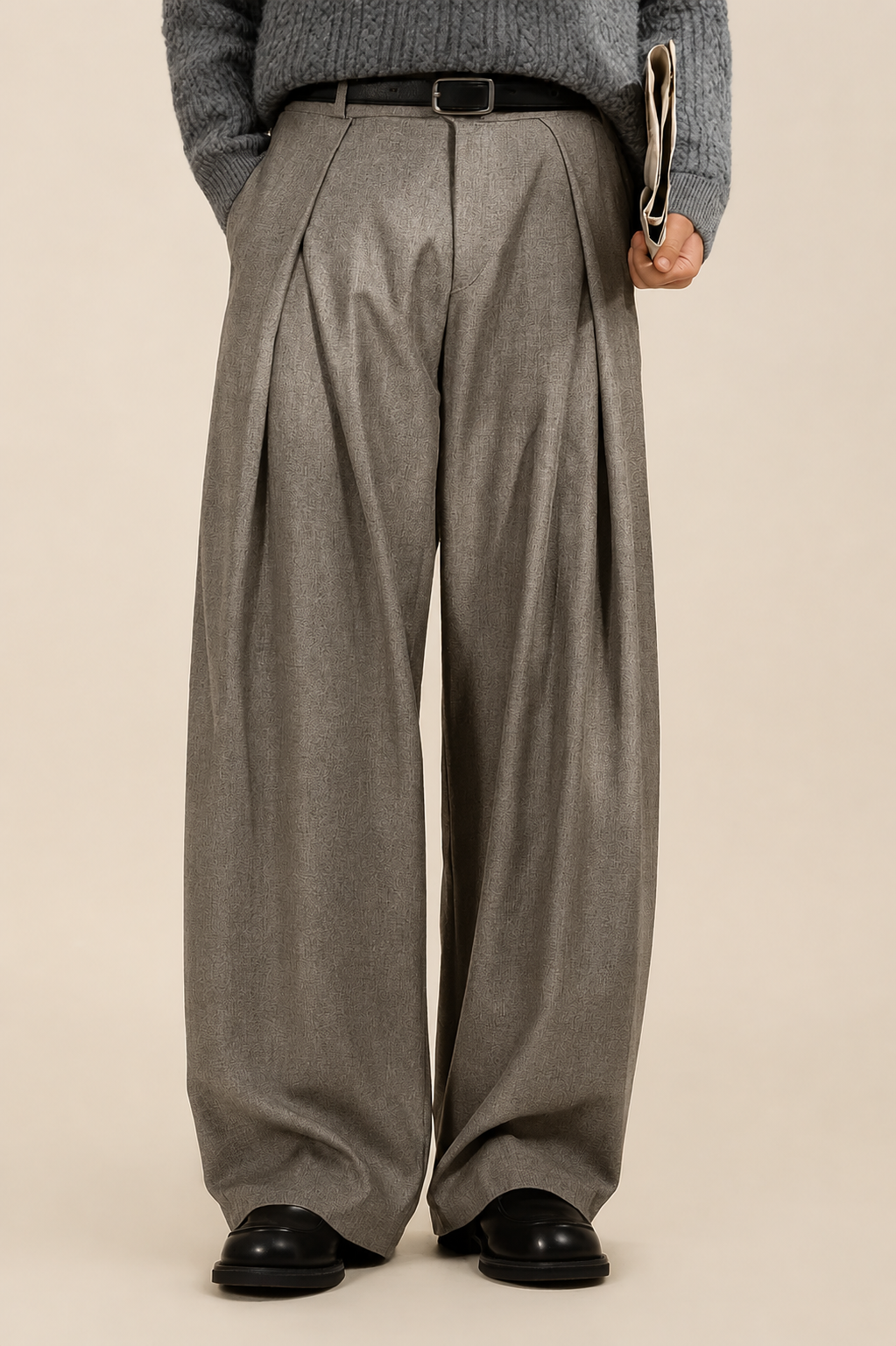 Heren Pantalon met Hoge Taille, Dubbele Plooien en Wide Leg